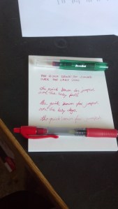 writing sample with pen and with same colored gel pen. Notice the gel pen skipped more. 